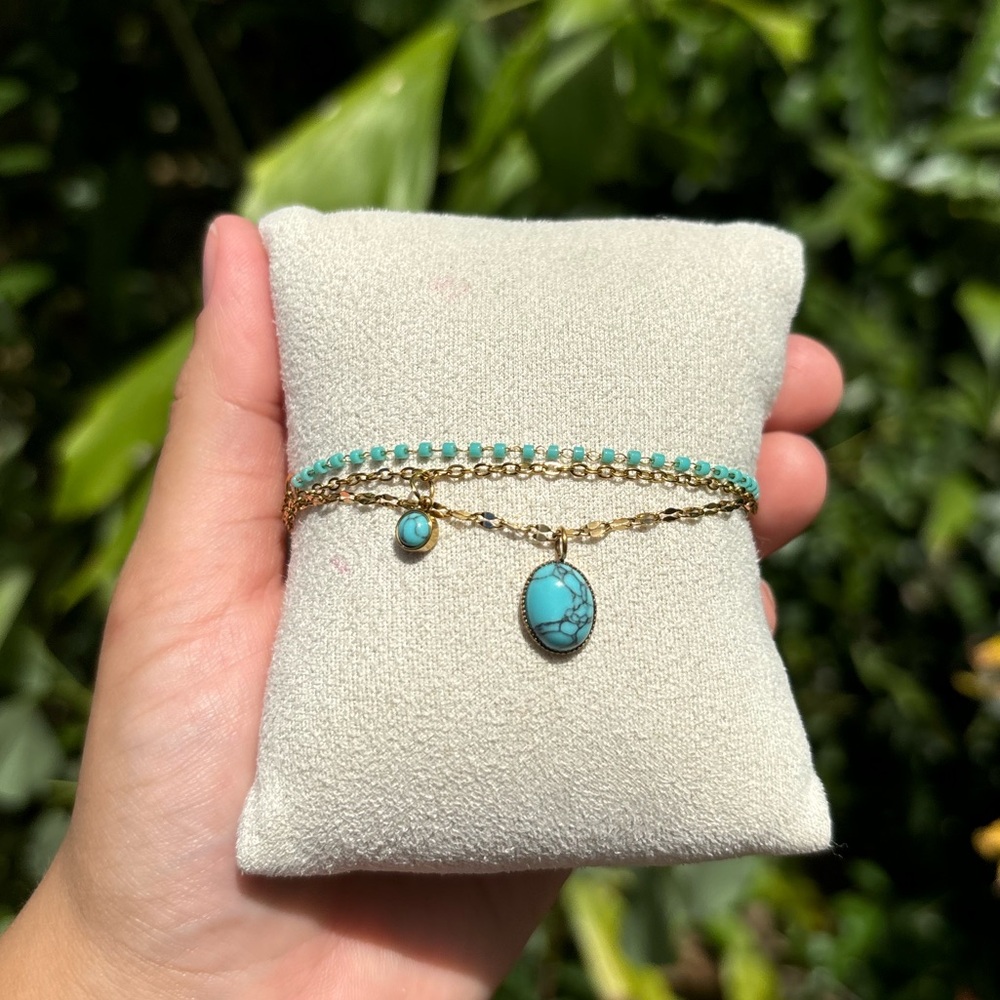 18K Gold Plated Stainless Steel Turquoise Stone triple Bracelet